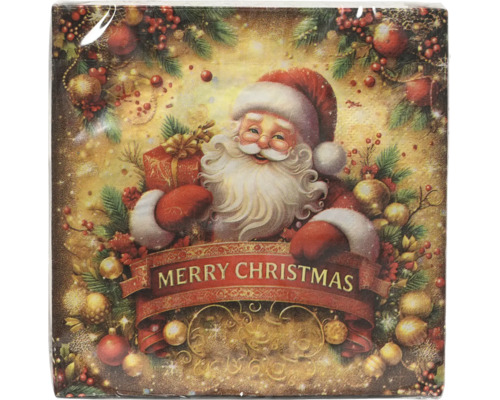 Papierserviette mit Weihnachtsmann-Motiv und Schriftzug Merry Christmas, umgeben von Tannenzweigen und Weihnachtsschmuck.