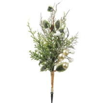 Künstlicher Dekozweig mit Tannennadeln, Stechpalmenblättern, weißen Beeren, goldfarbenen Kugeln und Befestigungsclip.