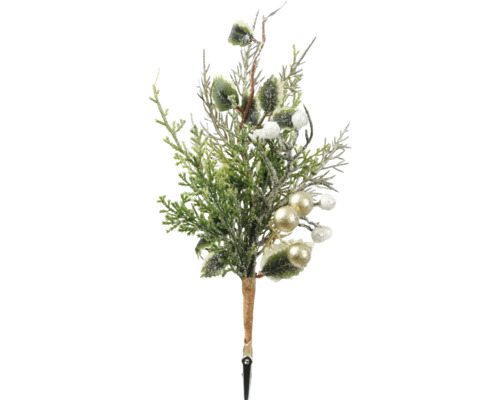 Künstlicher Dekozweig mit Tannennadeln, Stechpalmenblättern, weißen Beeren, goldfarbenen Kugeln und Befestigungsclip.