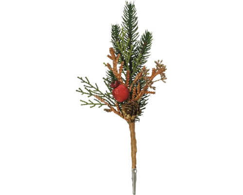 Weihnachtsclip mit künstlichen Zweigen, Tannenzapfen, roter Beere und Metallclip.
