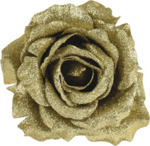 Künstliche Rosenblüte mit Goldglitzer zur Dekoration.