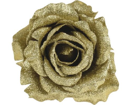 Künstliche Rosenblüte mit Goldglitzer zur Dekoration.