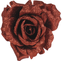 Künstliche Rosenblüte mit Glitzerbeschichtung für Dekorationen.