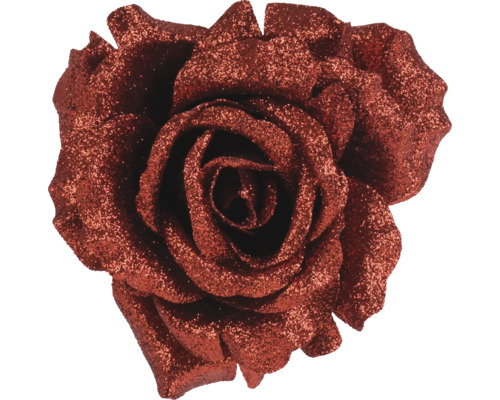 Künstliche Rosenblüte mit Glitzerbeschichtung für Dekorationen.