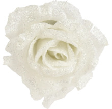 Weiße künstliche Rose mit Glitzer für Dekorationen.