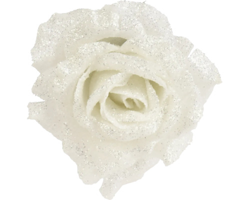 Weiße künstliche Rose mit Glitzer für Dekorationen.