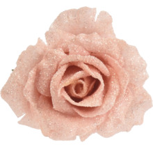 Künstliche rosa Rose mit Glitzer für dekorative Anwendungen.