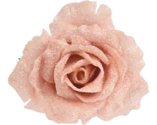 Künstliche rosa Rose mit Glitzer für dekorative Anwendungen.