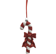 Rot-weiss gestreifte glitzernde Zuckerstange als Christbaumschmuck mit einer Schleife und einem Band zum Aufhängen.