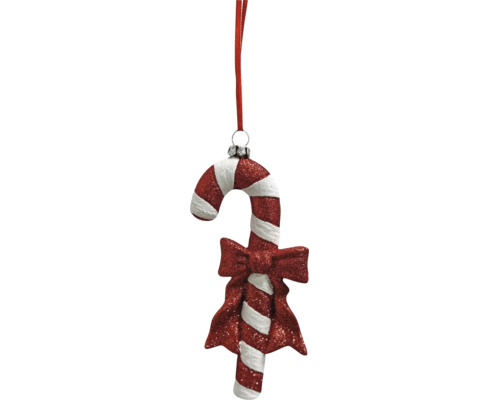 Rot-weiss gestreifte glitzernde Zuckerstange als Christbaumschmuck mit einer Schleife und einem Band zum Aufhängen.