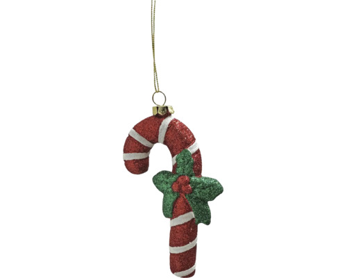 Weihnachtsanhänger in Form einer rot-weiß gestreiften Zuckerstange mit grünem Stechpalmenblatt und Glitzereffekt.
