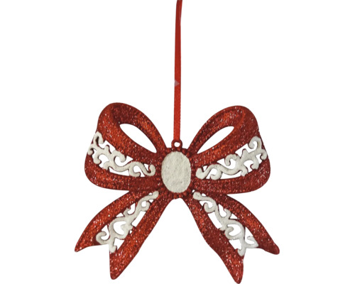 Christbaumschmuck Schleife mit rotem Glitzer und weißem Schnörkelmuster.