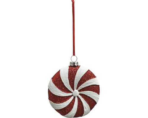 Glitzernder Weihnachtsanhänger in Form eines runden, rot-weiß gestreiften Bonbons mit Aufhängeschlaufe.