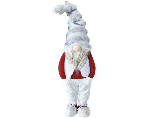 Stehende Weihnachtsgnom-Figur mit grauer Plüschmütze, weißem Bart, rotem Strickpullover und weißen Hosen.