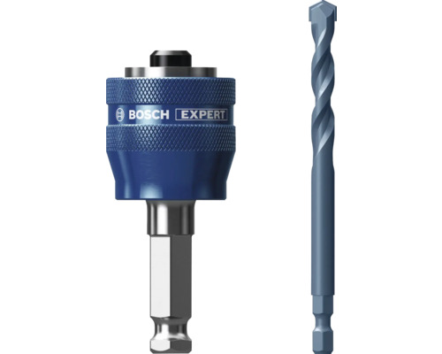 Adaptateur et foret Bosch Expert bleus avec emmanchement hexagonal.
