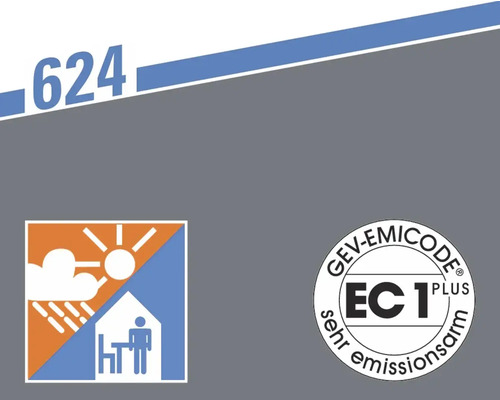 Produktinfo 624, geeignet für innen und außen, GEV-EMICODE EC 1 PLUS Siegel für sehr emissionsarme Produkte.