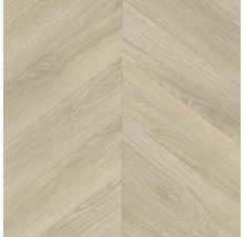 Revêtement de sol clair avec motif chevron et aspect bois.