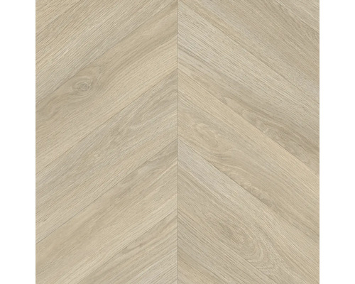 Revêtement de sol clair avec motif chevron et aspect bois.