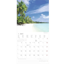 Kalenderblatt für Januar 2027 mit einer tropischen Strandlandschaft, Palmen und klarem blauen Wasser.