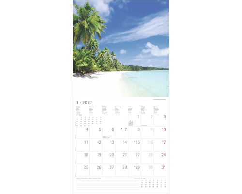 Kalenderblatt für Januar 2027 mit einer tropischen Strandlandschaft, Palmen und klarem blauen Wasser.