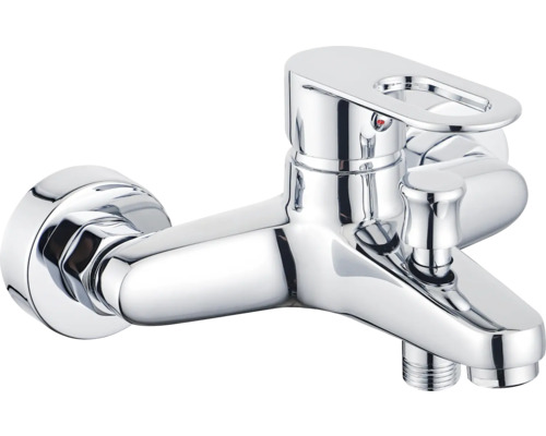 Mitigeur de baignoire monocommande en métal chromé pour installation murale avec inverseur manuel.