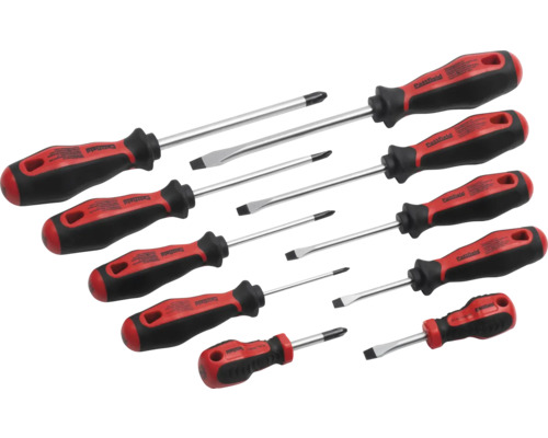 Jeu de dix tournevis Pattfield avec différents tournevis plats et tournevis cruciformes.