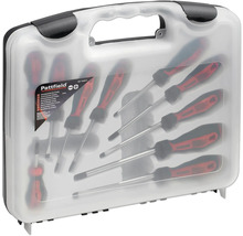 Jeu de 10 tournevis Pattfield rouges et noirs dans un coffret transparent avec tournevis plats et cruciformes.