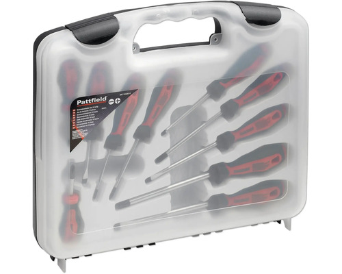 Jeu de 10 tournevis Pattfield rouges et noirs dans un coffret transparent avec tournevis plats et cruciformes.