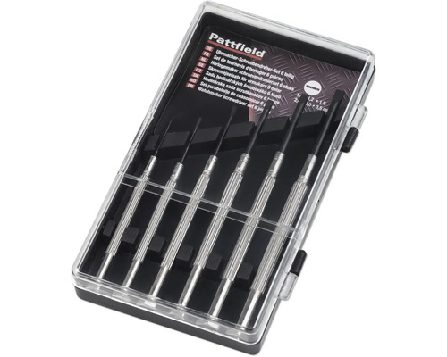 Jeu de 6 tournevis d horloger Pattfield dans un coffret en plastique transparent.