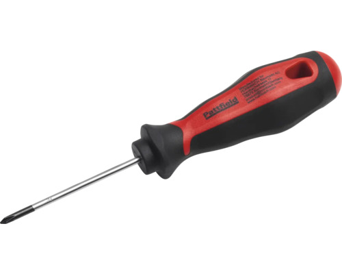 Pattfield Kreuzschlitz-Schraubendreher in Rot und Schwarz mit ergonomischem Mehrkomponentengriff und Stahlschaft.