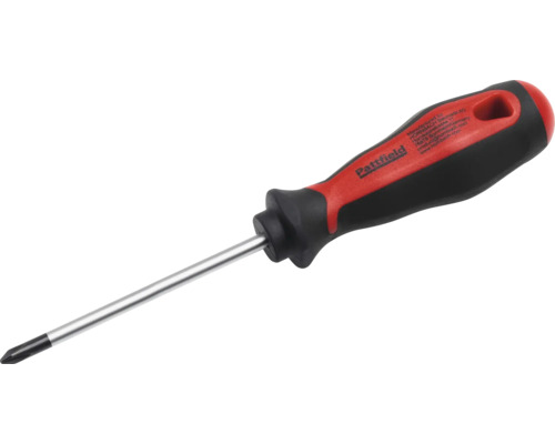Pattfield Kreuzschlitzschraubendreher mit ergonomischem rot-schwarzem Griff und Stahlschaft.