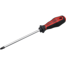 Tournevis cruciforme Pattfield avec poignée en plastique noir et rouge et tige en métal argenté.