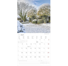 Wandkalender Blatt Januar 2027 mit schneebedeckter Gartenlandschaft, übersichtlichem Kalendarium und Notizfeld.