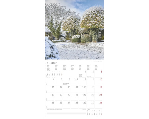 Wandkalender Blatt Januar 2027 mit schneebedeckter Gartenlandschaft, übersichtlichem Kalendarium und Notizfeld.