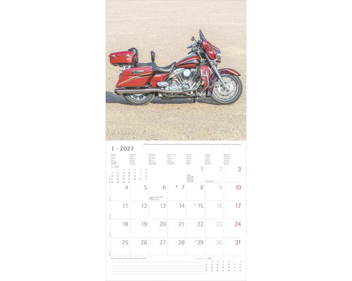 Wandkalender mit einer Abbildung eines roten Motorrads über einem Monatskalendarium für Januar 2027 mit Platz für Notizen.