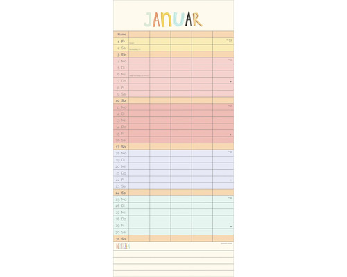 Familienplaner Wandkalender für Januar mit Spalten für Namen und Notizbereich.