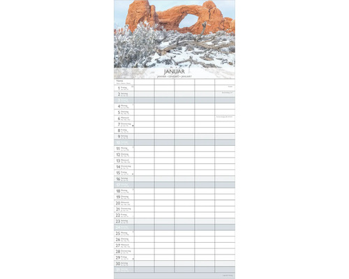 Kalenderblatt Januar mit Winterlandschaft, verschneitem Felsbogen und mehrspaltiger Planer-Tabelle für Termine.