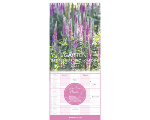 Familienplaner Kalender 2027 mit Gartenmotiv, Spiralbindung, inklusive Feiertage, Ferientermine und Jahresübersicht, Alpha Edition.