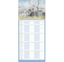 Kalenderblatt Januar mit Winterlandschaft, frostigen Bäumen und einem Tongefäß, inklusive Spalten für Namen und tägliche Termine.