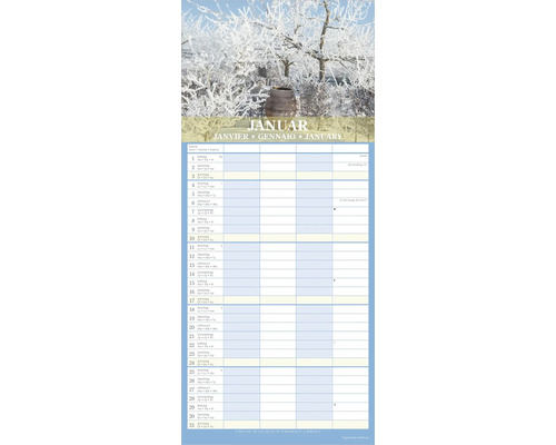 Kalenderblatt Januar mit Winterlandschaft, frostigen Bäumen und einem Tongefäß, inklusive Spalten für Namen und tägliche Termine.