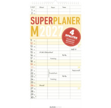 Wandkalender Superplaner M 2027 mit vier Spalten für die Familienplanung, Notizbereich und Ferienterminen. Alpha Edition Logo.