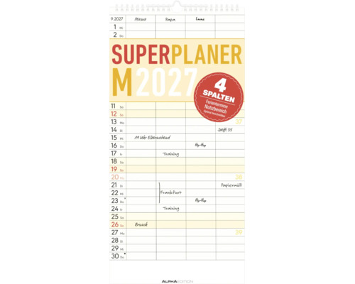 Wandkalender Superplaner M 2027 mit vier Spalten für die Familienplanung, Notizbereich und Ferienterminen. Alpha Edition Logo.