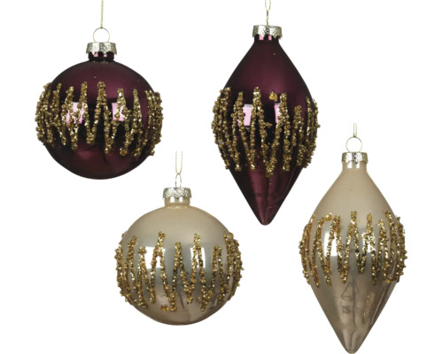 Weihnachtsbaumschmuck aus Glas, Kugeln und Tropfen mit goldenem Glitzermuster.