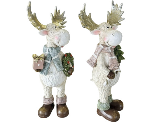 Dekofiguren Elch für Weihnachten im 2er-Set, mit Schals, Geschenk und Tannenbaum.