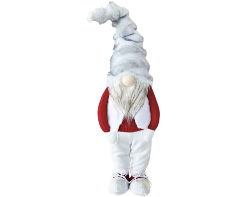 Weihnachts-Wichtel mit grauer Plüschmütze, langem Bart, rotem Strickpullover, weißer Hose und weißen Stiefeln.