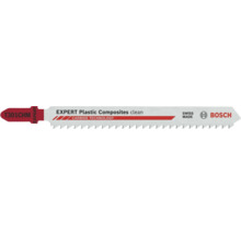 Lame de scie sauteuse Bosch Expert T301CHM pour composites plastiques avec technologie carbure, fabriquée en Suisse. Bosch Logo.