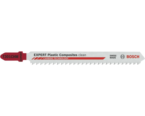 Lame de scie sauteuse Bosch Expert T301CHM pour composites plastiques avec technologie carbure, fabriquée en Suisse. Bosch Logo.