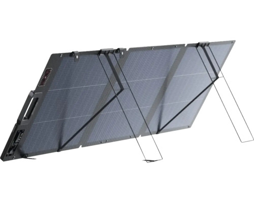 Panneau solaire pliable avec quatre segments et supports intégrés pour un positionnement optimal.