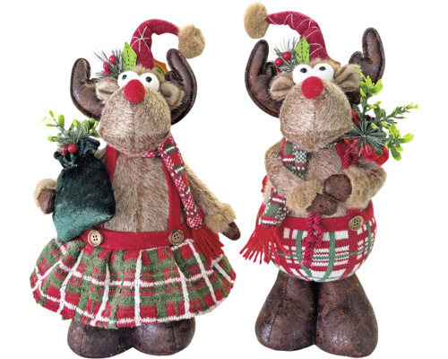 Zwei Weihnachts-Rentierfiguren aus Textil mit Mützen, Schals und karierter Kleidung, eine mit Rock und eine mit Hose.