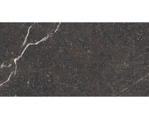 Carrelage en grès cérame foncé aspect marbre avec veines claires.